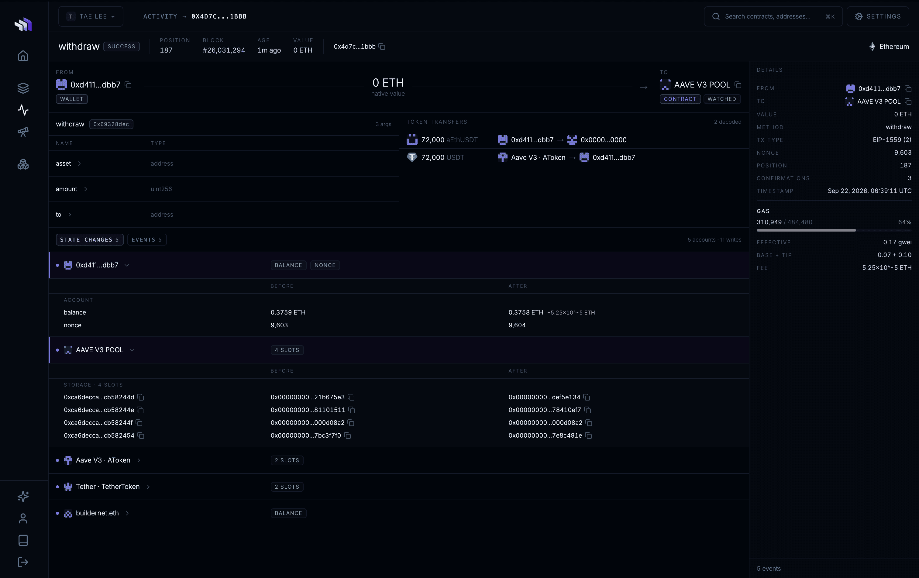 Transaction page for a withdraw, with decoded arguments, token transfers and before-and-after state